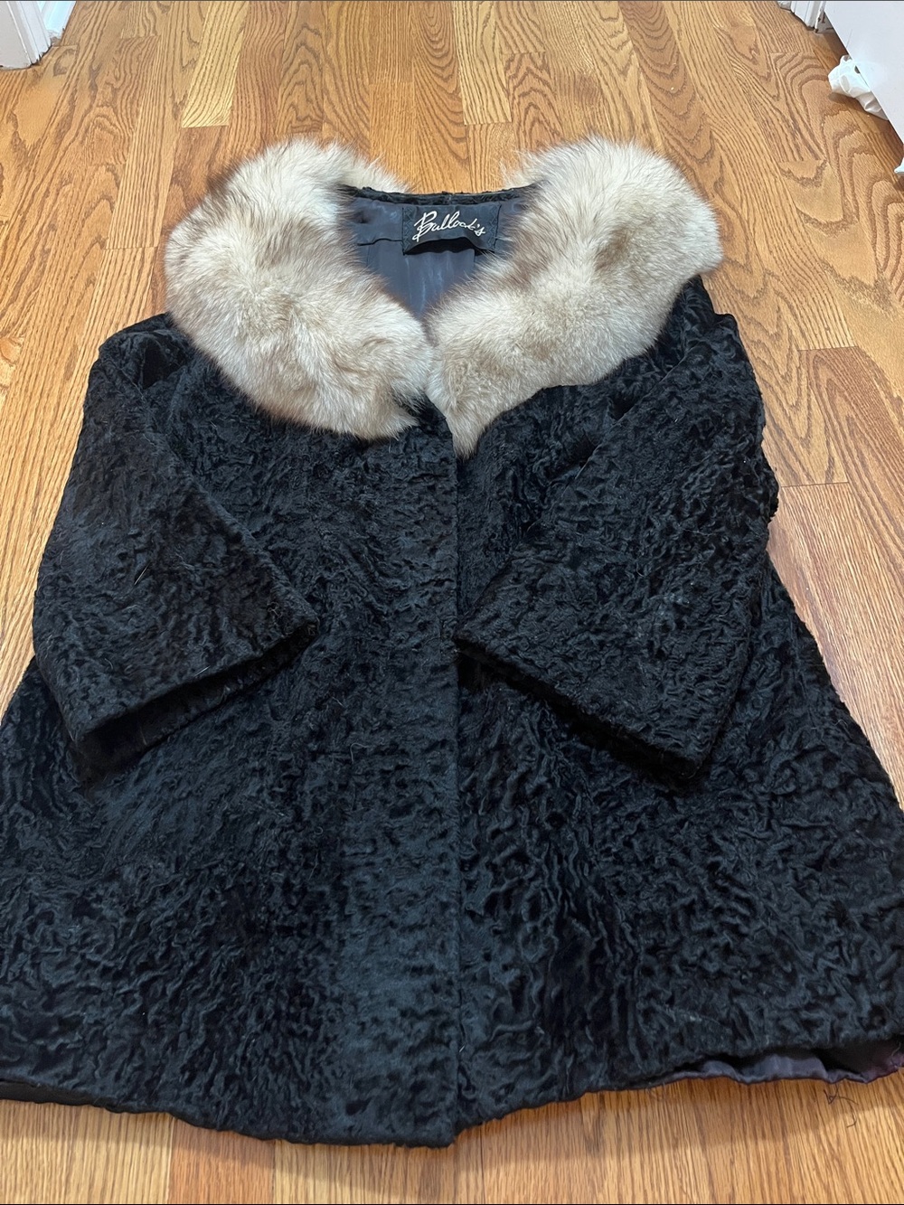 Vintage black textured curly lamb fur coat with fox fur trim